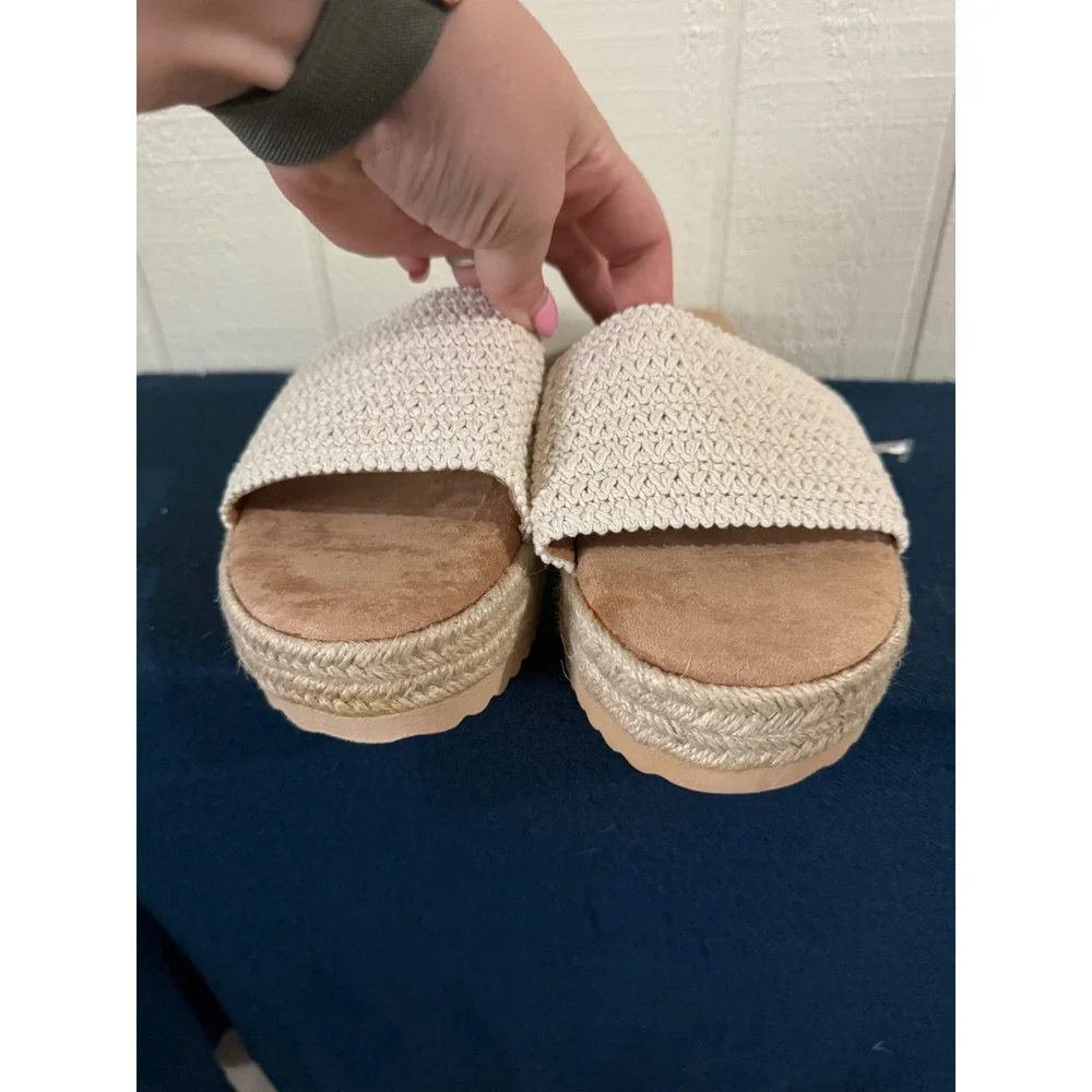 Handmade Crochet Platform Espadrille Slides Off-White Woven Sandals Size 9.5